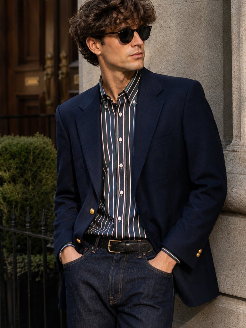 Vintage Monsieur Givenchy Mens 50-52L (Est) Wool Navy Blazer Gold Crest Buttons
